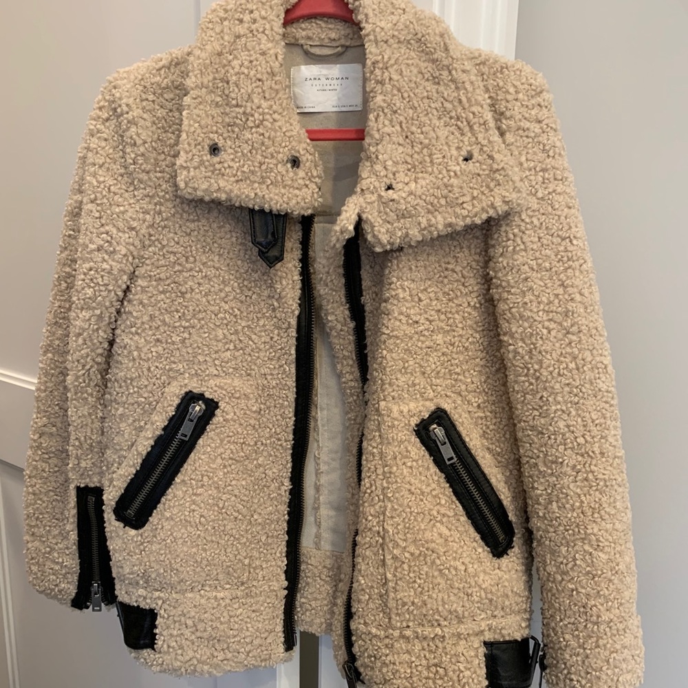 Zara fluffy moto jacket with faux leather details